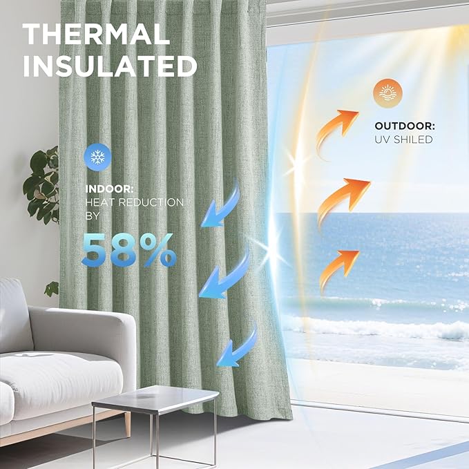 Joydeco Linen Blackout Curtains for Bedroom - 100% Light Blocking 1 Panels, Sage Green Drapes 100" W x 108" L, Thermal Insulated Room Darkening Curtains for Living Room, Rod Pocket & Back Tabs