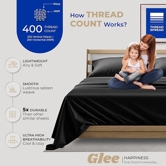 THREAD SPREAD 100% Cotton Split King Sheets for Adjustable Bed - 400 Thread Count 5 PC Sateen Split Sheet Set, Soft, Breathable Cooling Cotton Sheets - 16" Deep Pocket Split King Sheet (Black)
