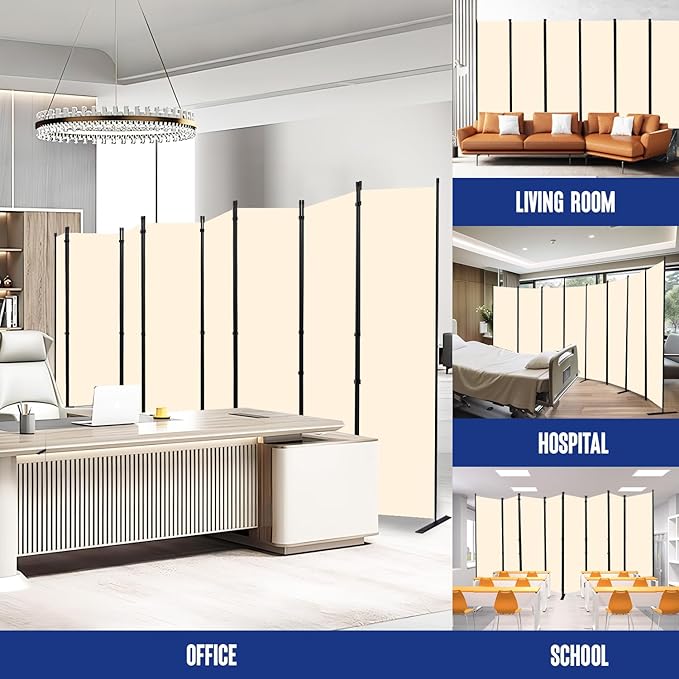 Room Divider Folding Privacy Screens with Wheels, 6FT Tall Divider for Room Separation, Movable Room Partitons and Dividers, Indoor Room Dividers Panel with Fabric (Beige, 8 Panel-176‘’-Flat Base)