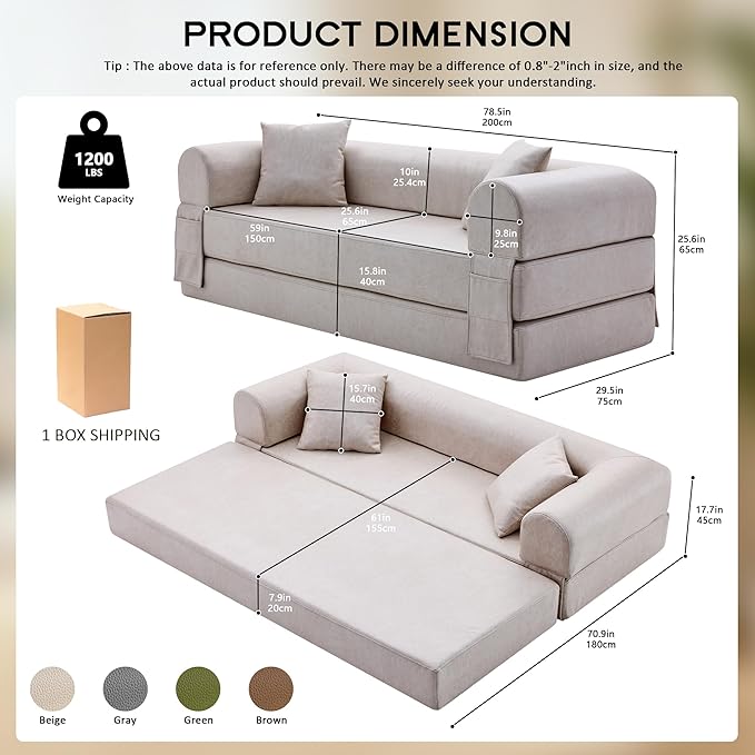 78.5" Convertible Sleeper Sofa Bed, Faux Leather Deep Seat Folding Floor Sofa with Pullout Bed & 2 Pillows, No Assembly Modern Boneless Couch Compression Sofa in Box for Living Room, Office, Beige