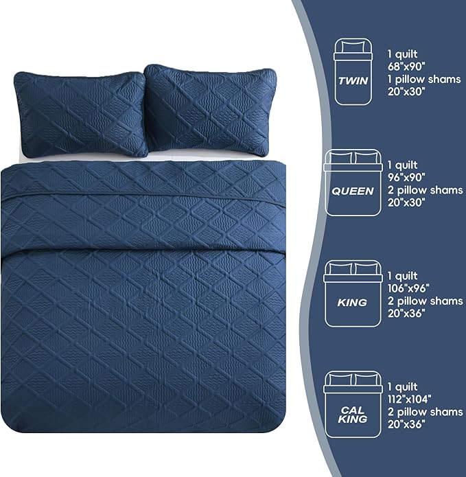 Yiran Quilt Queen Size Bedding Set Navy Blue Bedspreads Embossed Diamond Pattern 3 Piece Soft Microfiber Coverlet for All Season with 2 Pillow Shams (96x90 Inch)