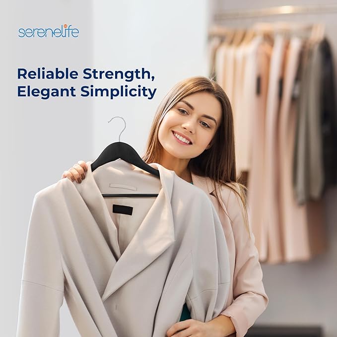 SereneLife 60-Pack Premium Black Wooden Suit Hangers – Heavy-Duty Solid Wood Coat Hangers with 360° Chrome Swivel Hook & Notches – Space-Saving, Non-Slip Design for Shirts, Jackets & Dresses