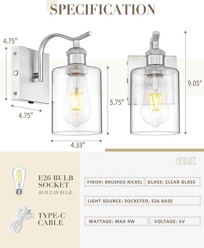 Battery Operated Wall Sconces Set of 2, Brushed Nickel Rechargeable Wall Lights with 5200mAh Battery and Touch Control, Dimmable Wireless Sconce Lamp for Bedroom Hallway Bathroom ZCVL01BN-1A-2P