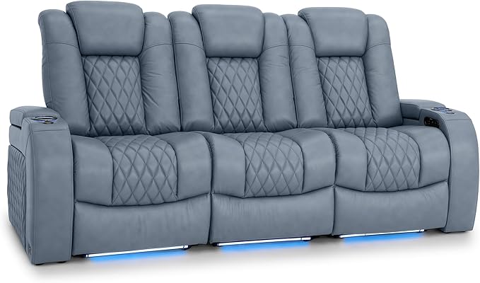 Seatcraft Diamante Zero-Gravity CoolZero Italian Leather Home Theater Seating, Power Headrest, Power Recline, Row of 3 Sofa, Smokey Blue
