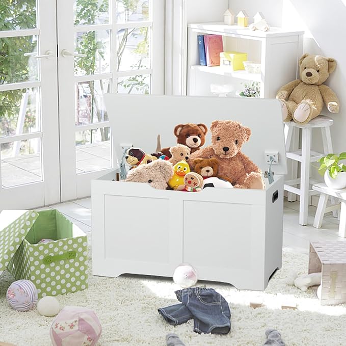 Timberer 31.5" Storage Chest, Wooden Storage Bench, Lift Top Toy Chest with 2 Safety Hinges, Large Toy Box, Entryway Shoes Bench for Living Room, Bedroom, White