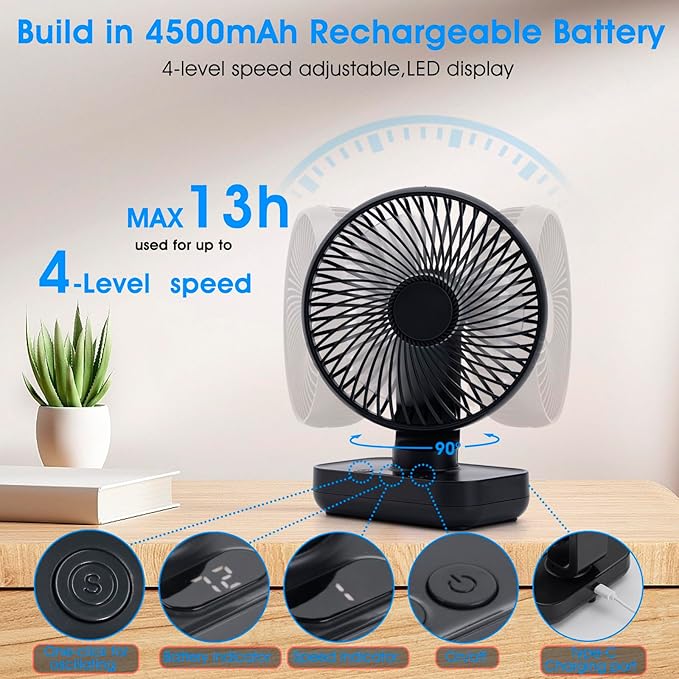 Digibond Oscillating Fan 5.1in Small Wall Mounted Oscillating Desk Fan Auto 90° Rotated Quiet 4 Speeds 4500mAh Rechargeable Battery Powered Cordless USB Fan for Indoor/Outdoor/Bedroom(Black)