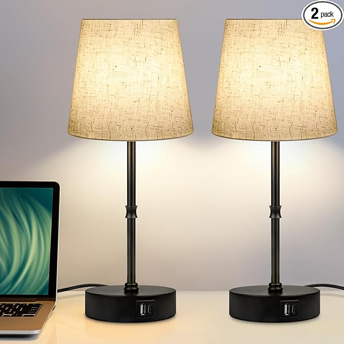 Ascher Bedside Table Lamp Set of 2, RGB Color Changing, 3 Color Temperatures, Dimmable Nightstand Lamp with USB C+A Ports, Touch Desk Lamp for Bedroom Living Room, H15.6in, Flaxen Shade