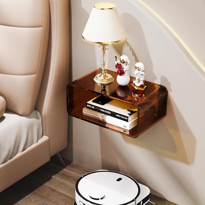 Acrylic Floating Nightstand, Bedside Table, Nightstand Shelf Wall Mounted Bedside Shelf (Dark Brown, Small)