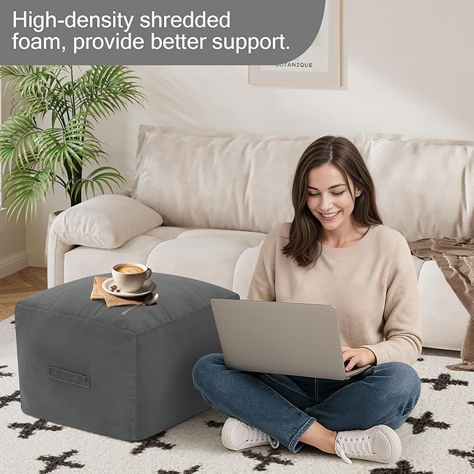 MeMoreCool Square Stuffed Pouf Ottoman Foot Rest, Floor Pouf Foot Stool with Foam Chunk Filling, Soft Stuffed Ottoman Footrest for Living Room