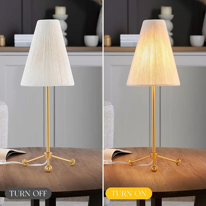 Small Minimalist Table Lamp for Bedroom, Cute Desk Lamp with Linen Rope Cone Lampshade, Boho Nightstand Lamp for Living Room, 1 Pack