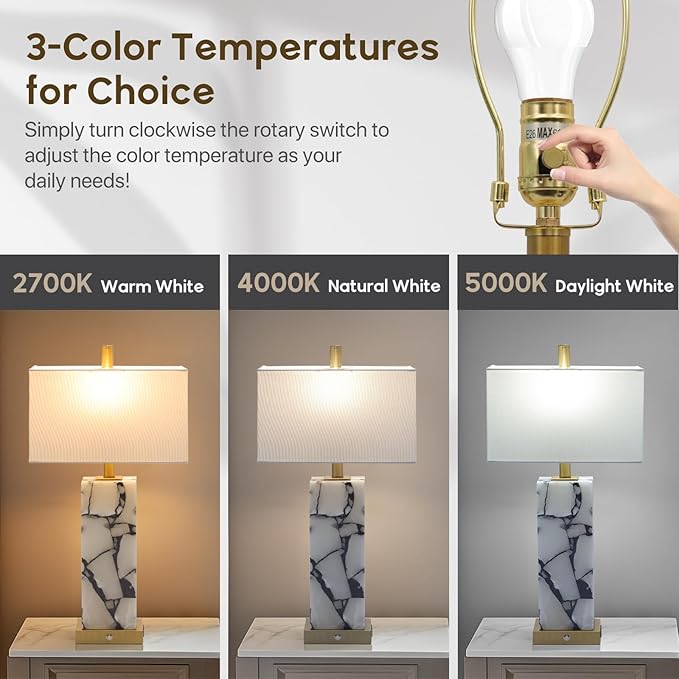 Natural Marble Table Lamps Set of 2: 3-Color Temperatures Alabaster Lamp with Nightlight, Bedside lamps with USB Ports, Bedroom Lamps for Night Stands End Table lamps for Living Room, Bulbs Included