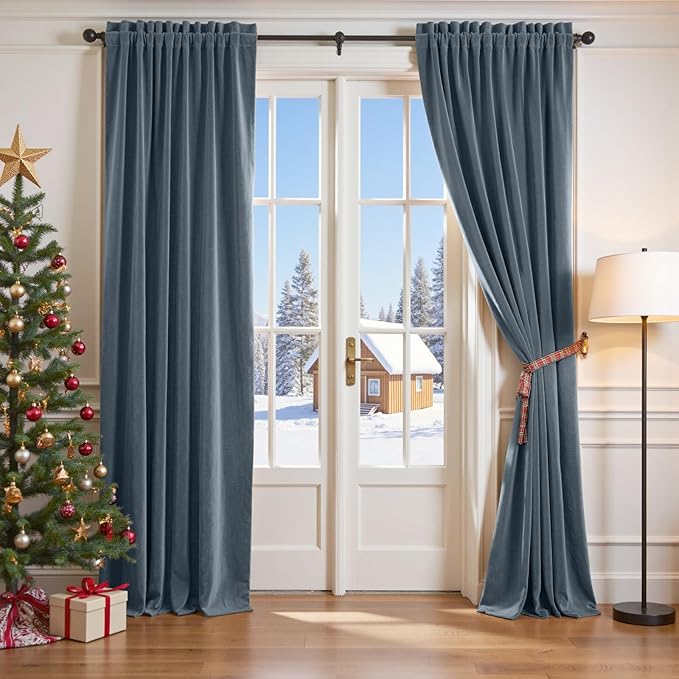 Lazzzy Velvet Blackout Curtains Thermal Insulated Room Window Drapes Super Soft Luxury Curtains for Living Room Bedroom Rod Pocket 2 Panels, Dark Slate, 42" W x 120" L