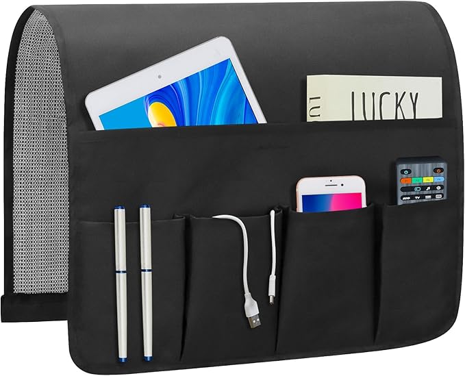 WETRBWEH Non-slip Couch Organizer Armchair Caddy, Oxford TV Remote Control Holder Bedside Caddy with 5 Pockets for Key Glasses Phone Magazine Holders.