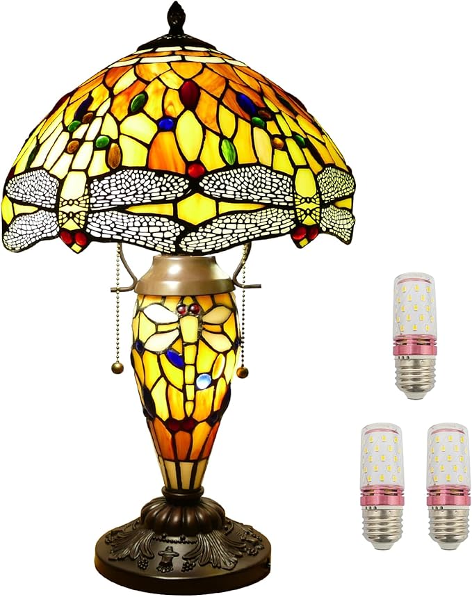 Tiffany Table Lamp 3 Lights Dragonfly Stained Glass Table Lamp Victorian Mother-Daughter Vase Bedside Lamp with Night Light for Bedroom Living Room Home Coffee Decor,11inch