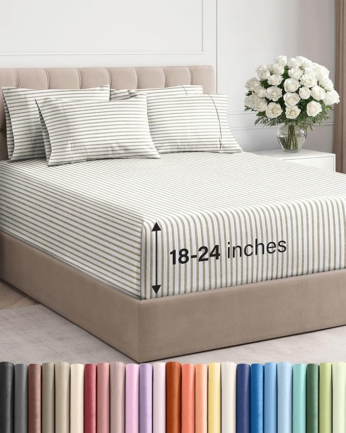 Extra Deep Queen Sheet Set - 6 Piece Breathable and Cooling Sheets - Hotel Luxury Bed Sheets Set - Easy Fit - Soft, Wrinkle Free and Comfy Sheets Set - Beige Striped Sheet Set with Extra Deep Pockets