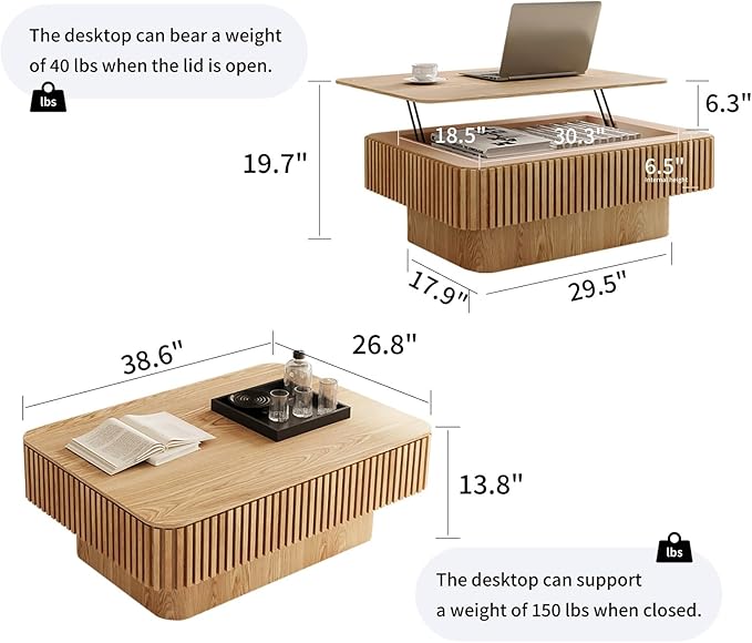 LKTART Lift Top Coffee Table for Living Room, Accent Fluted Coffee Table with Storage, Modern Solid Wood Veneered Rectangle Center Tea Table for Small Space Apartment (38.6''D×14''H-Natural)
