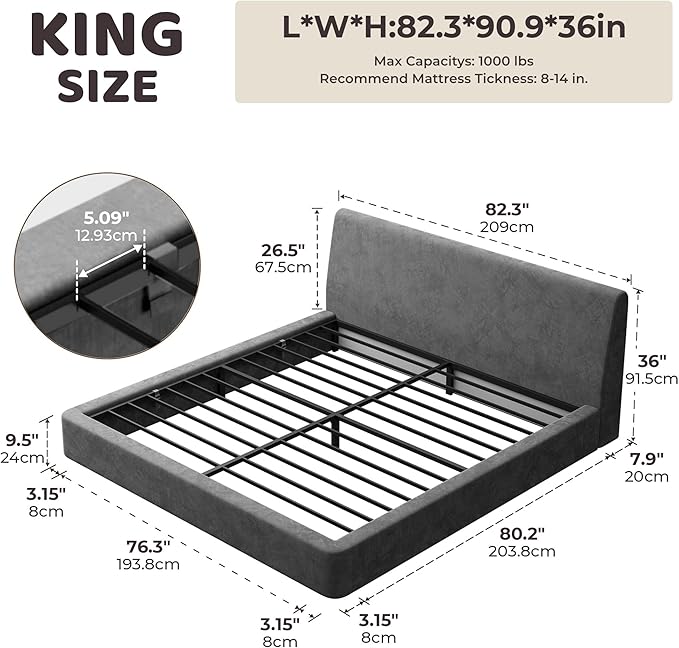 RECCI Cloud King Size Bed Frame with Ergonomic Angled Foam Cushioned Headboard, Minimalist Design Platform Bed Frame, No Box Spring Needed, Easy Assembly (Moon Grey)