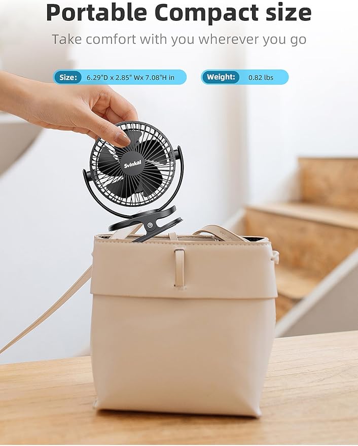 Svinkal USB Portable Clip on Fan, 2400mAh Battery Type-C 6in, 3 Speed 720° Tilting Head, Black Personal Rechargeable Fan for Desk, Bedside, Golf Cart, Baby Stroller, Indoor & Outdoor Use