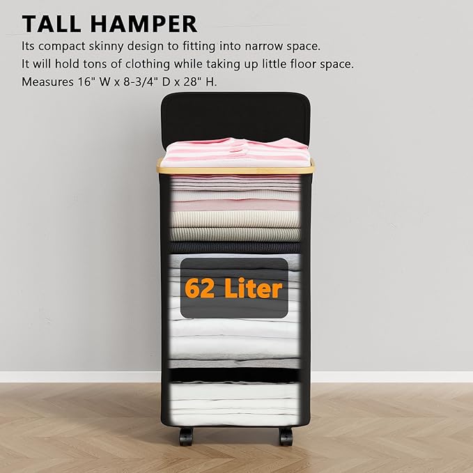 SpaceAid Slim Laundry Hamper with Wheels and Lid,62L Rolling Narrow Clothes Basket with Bamboo Handle, Large Laundry Hamper for Bedroom, Bathroom, Dorm, Laundry Room - Black