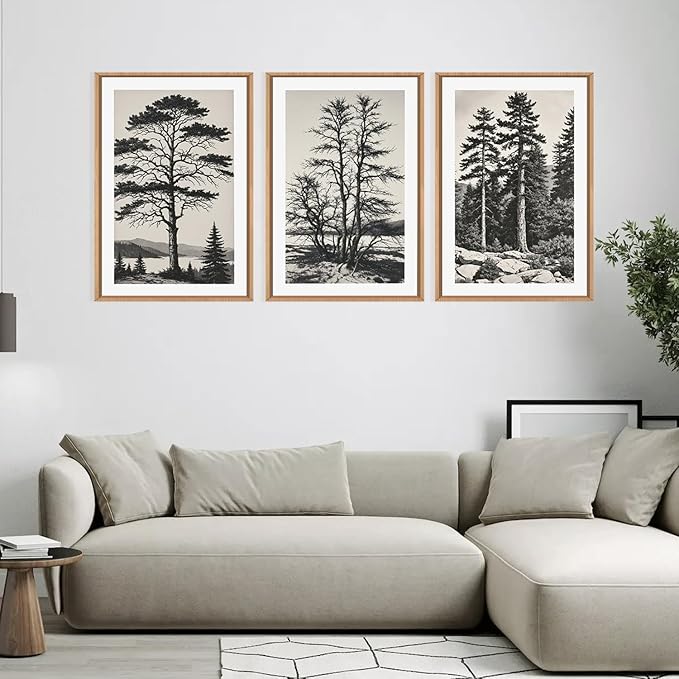 LHIUEM Large Vintage Sketch Tree Framed Wall Art Set,Antique Black and White Wall Decor,Nature Botanical Lake Artwork,Modern Wilderness Forest Art Prints for Living Room,Bedroom- 16"x24"x3
