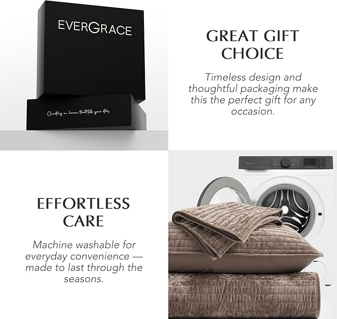 EVERGRACE Velvet Quilt Set King Size, Luxurious Soft Striped Channel Bedding Set, Lightweight Velvet Comforter for All Season, Oversized Bedspread Coverlet with 2 Matching Shams, Mocha Brown