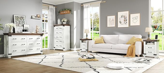 AMERLIFE Farmhouse End Table Set of 2, 18" Wood Night Stand with Charging Station & 4 Storage Drawers, Heavy Duty Bedside Nightstands for Bedroom, Living Room, Antique White