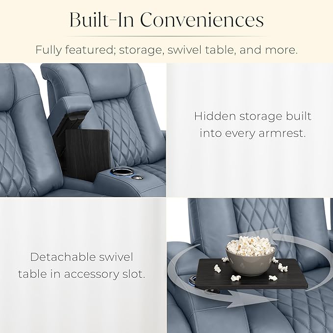 Seatcraft Diamante Zero-Gravity CoolZero Italian Leather Home Theater Seating, Power Headrest, Power Recline, Row of 3, Smokey Blue
