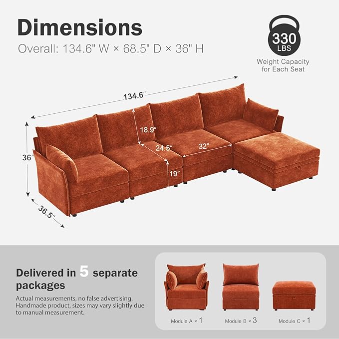 ABCASA 134.6" Luxury Modular Sectional Convertible Sofa with Storage Ottoman, L-Shape 5-Seat Oversized Comfy Couch Deep Seat with Reversible Chaise - Chenille Terracotta Orange