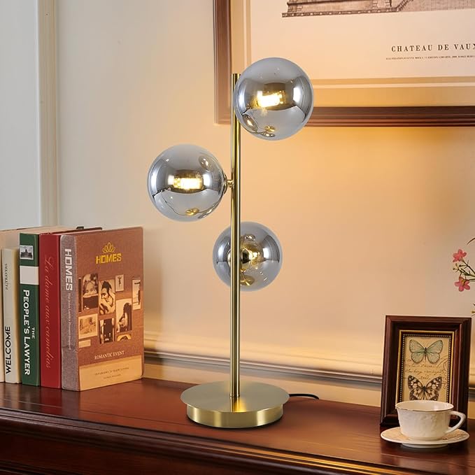 Mid Century Globe Table Lamp, Modern 3 Lights Gold Brass Desk Lamp, Contemporary Smoky Grey Glass Globe Bedside Lamp for Bedroom Living Room Study Room
