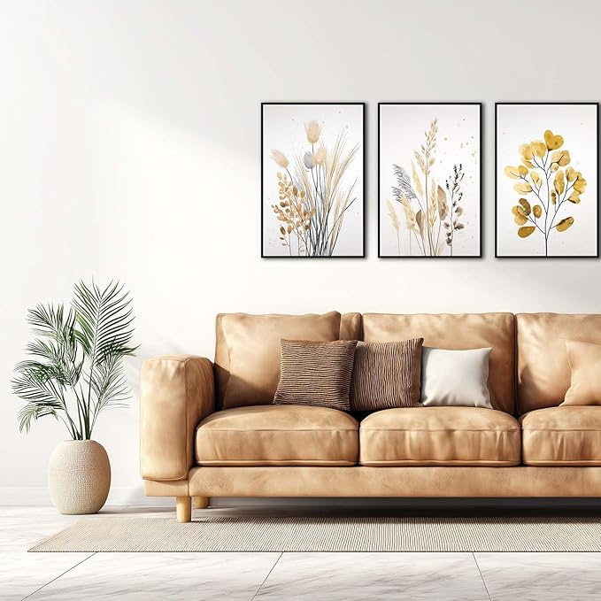 YCJKJDZ Framed Beige Botanical Canvas Wall Art Set of 3, Boho Watercolor Wildflower Pampas Grass Poster Neutral Leaf Art Fall Nature plant Prints for Living Room, Bedroom, Office, – 16x24 in