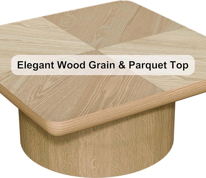 Modern Square Coffee Table with Cylindrical Base, Wood Coffee Table with Parquet Pattern & Thickened Tabletop, Center Table Tea Table for Living Room Apartment, 34.6''L×34.6''W×14.9''H, Natural