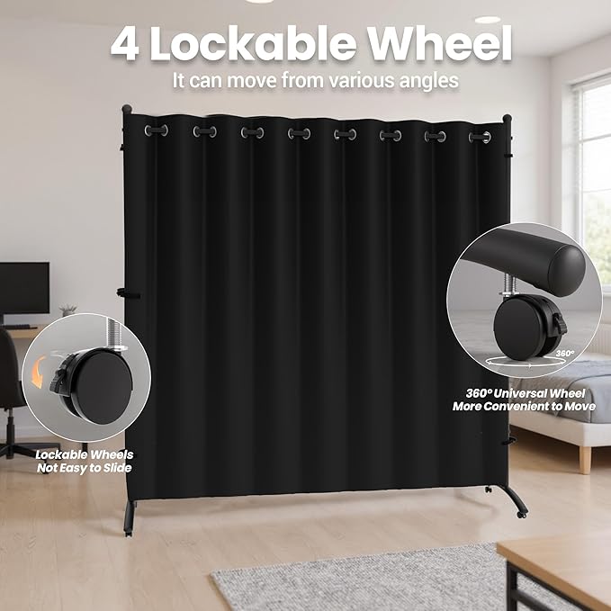 Room Divider, Curtain Privacy Screen with 360°Lockable Wheels 6FT Portable Room Divider Panel Freestanding Partition Divider Screen for Separator Wall Divider Bedroom Office (Black)