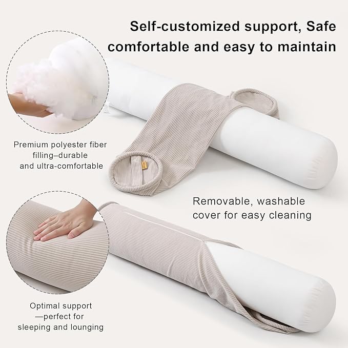Long Pillow for Bed – Corduroy Round Bolster Pillow for Adults, Decorative Body Pillow for Sleeping or Sofa Support,39 x 7.87 Inches,Beige Gray