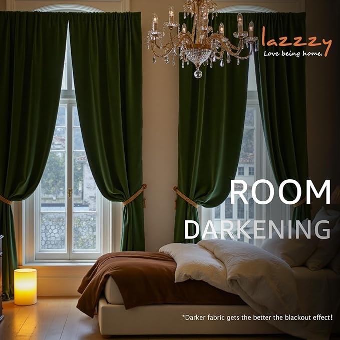 Lazzzy Velvet Blackout Curtains Thermal Insulated Room Window Drapes Super Soft Luxury Curtains for Living Room Bedroom Rod Pocket 2 Panels, Moss, 52" W x 108" L
