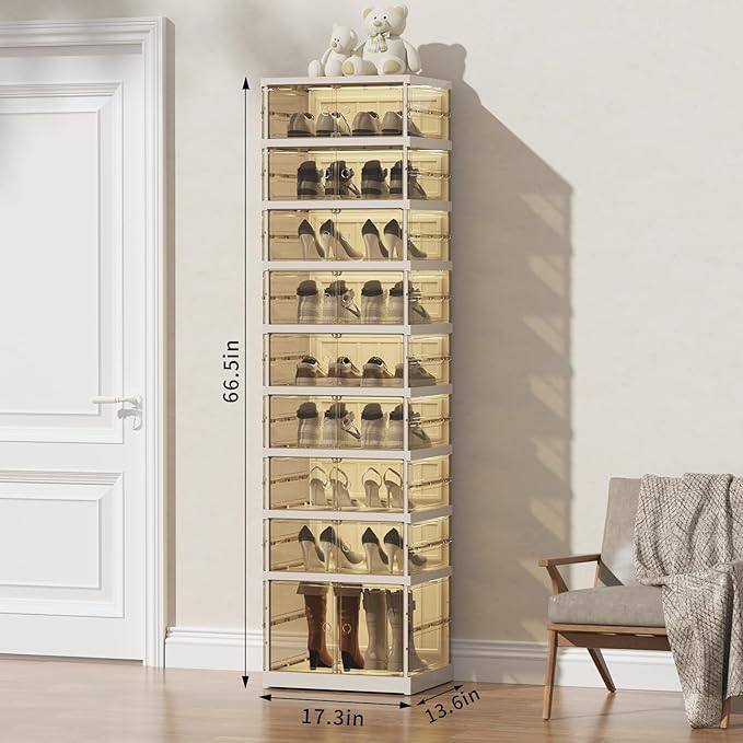 Shoe Rack Organizer for Closet Entryway Foldable Sneaker Storage Shoe, Collapsible Shoe Cabinet, Stackable Shoe Storage Cabinet with Lids for Living Room (9 Tiers -18 Pairs Transparent)