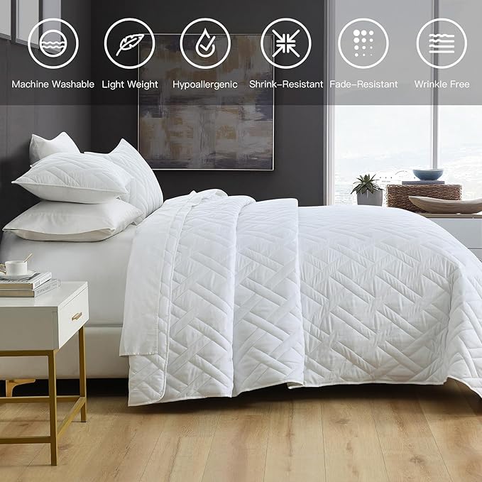 HORIMOTE HOME Quilt Set King Size White, Classic Geometric Diamond Stitched Pattern, Ultra Soft Microfiber Lightweight Bedding Set Bedspread Coverlet for All Season (1 Quilt and 2 Pillow Shams)
