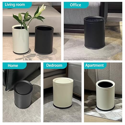 2.3 Gallon/9L White Round Trash Can with Swing Lid, Metal Garbage Can,Modern,Elegant Waste Basket,for Bathroom, Bedroom,Living Room,Office,RV,Home(9L-White)