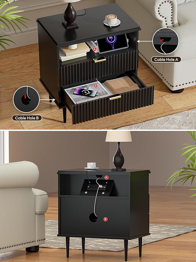 Modern Nightstand with Charging Station, 2-Drawer Fluted Wood Bedside Table with USB, Type-C & AC outlets, Open Storage. Perfect for Your Bedroom (Black, 23.3")