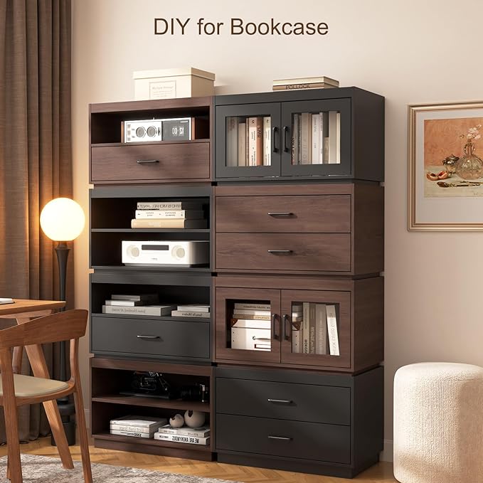 Stackable Storage 2-Shelf, 28" Wide Storage Bins with Open Compartment for Closet Organizers, Wood Stackable Closet Organizer Modern Large Stackable Storage Units for Living Room Hallway, Black