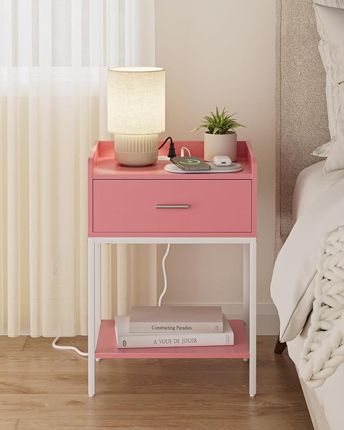 Masupu Nightstand with Charging Station,3-Tier Modern Bedside Night Stand with Storage Drawer and Shelf,Small End Side Table for Bedroom,Living Room,Pink and White