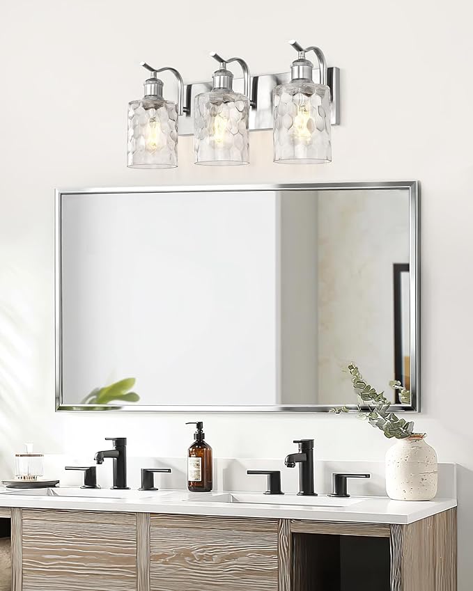 Bathroom Vanity Light Fixtures Over Mirror 3-Light Hammered Glass Wall Mounted Modern Brushed Nickel - VL01BNH-3