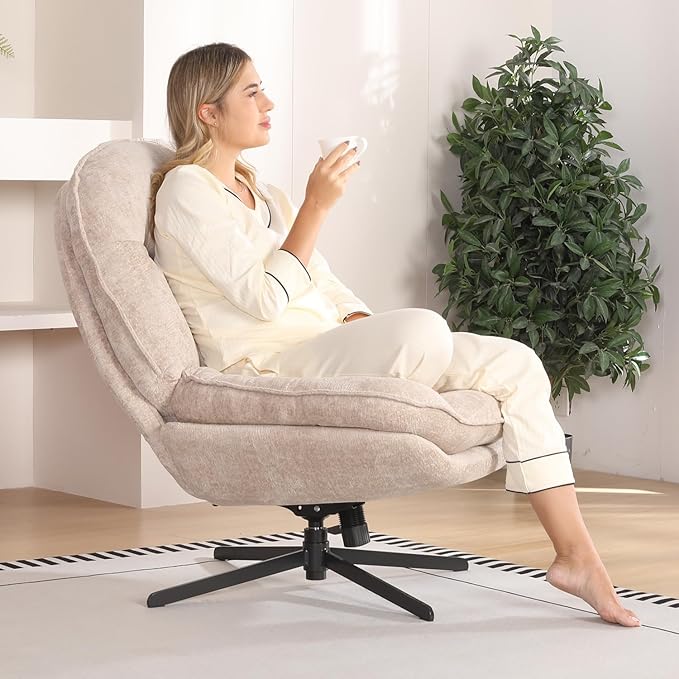 1 Pack 360°Free Swivel Accent Chair for Living Room, Slightly 20°Rocking, 24" High Backrest Upholstered Armchair, Ergonomic Design, Chenille Breathable Soft Fabric Modern Single Sofa, Beige