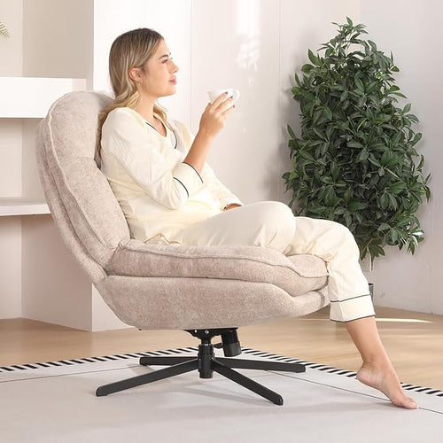 1 Pack 360°Free Swivel Accent Chair for Living Room, Slightly 20°Rocking, 24" High Backrest Upholstered Armchair, Ergonomic Design, Chenille Breathable Soft Fabric Modern Single Sofa, Beige