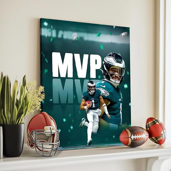 B.B.F MAKE 2025 Super Canvas Bowl Wall Art Champions MVP Hurts Canvas Wall Decor Eagles Poster Print Philadelphia Sports Star Picture Gift Modern Bedroom Living Room Home Decoration, Framed 11x14inch