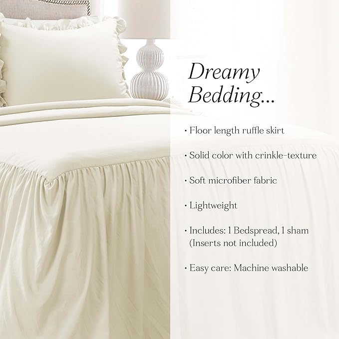 Lush Decor Ruffle Skirt Bedspread Set - 2-Piece Luxurious Farmhouse Bedding - Elegant Ruffle Detail - Timeless Style - Soft Lightweight Sheets - Twin, Ivory