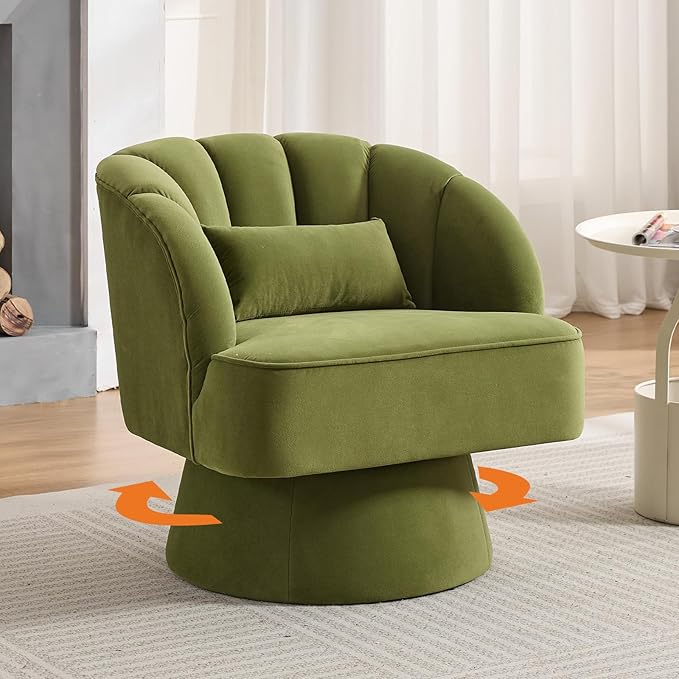 GarveeHome Modern Swivel Barrel Accent Chair, 360 Degree Velvet Upholstered Armchair with Striped Backrest & Plush Padding, Comfy Round Lounge Chair for Living Room, Bedroom, Reading Nook, Green 2 PCS