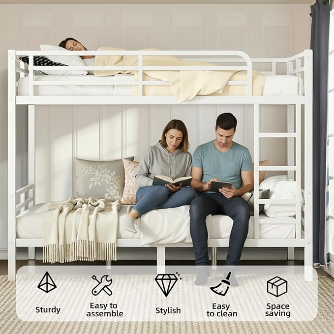 Twin XL Over Twin XL Bunk Bed Frame, Heavy Duty Metal Loft Bed for Adults/Teens, 350/500LB Capacity w/Ladder & Guardrail, Noise-Free Steel Slats, No Box Spring Required, White