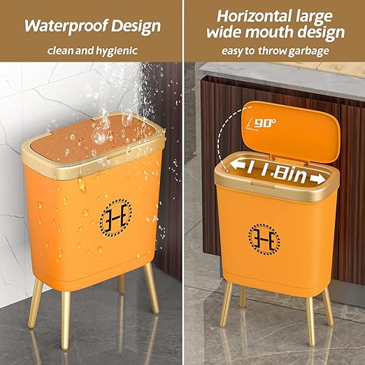 Procade Bedroom Trash Can with Lid,Slim Bathroom Trash Cans with Lids, Dog Proof Trash Bin with Press Top Lid,Modern Gold Trash Can Plastic Waste Basket for Living Room, Office,Kitchen, 4 Gal-Orange
