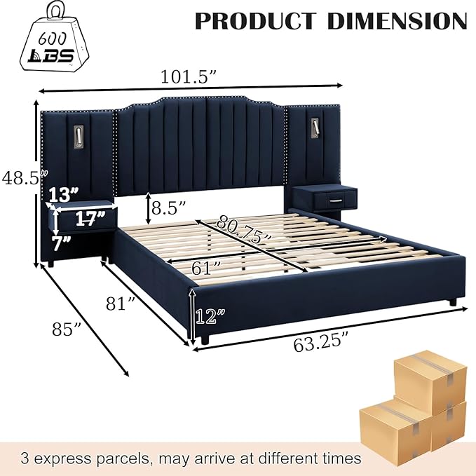 Luxury Queen Bed Frame with Headboard and Storage, Velvet Fabric Upholstered Platform Bed Frame Queen Size with LED Lights, Solid Frame & Bedside Table, No Box Spring Needed, Dark Blue