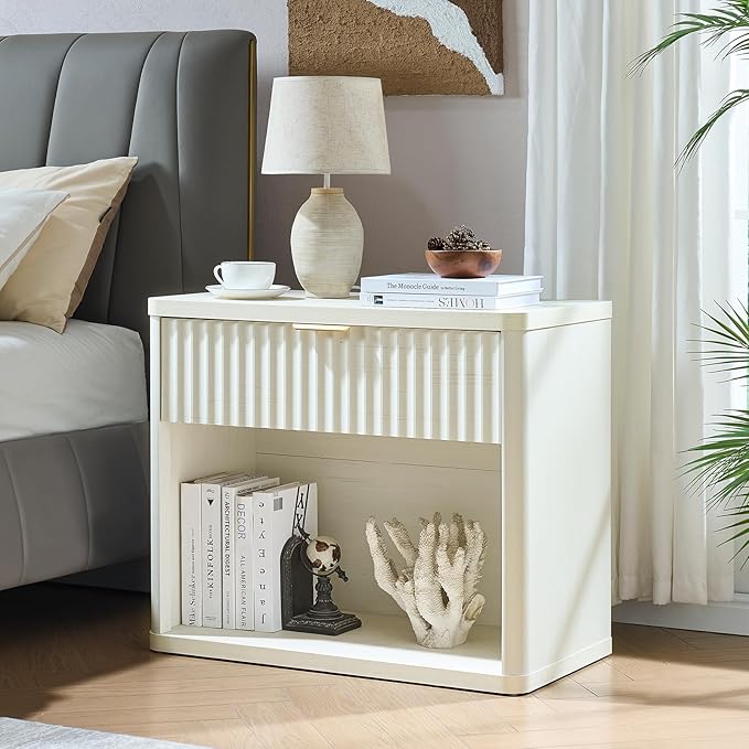 LEYAOYAO 31" Wide Fluted Nightstand Set of 2 with Charging Station, Oversized Extra Large 1 Drawer Night Stand with Golden Handle, White Wood Bedside Table Tall End Tables,for Bedroom, Living Room
